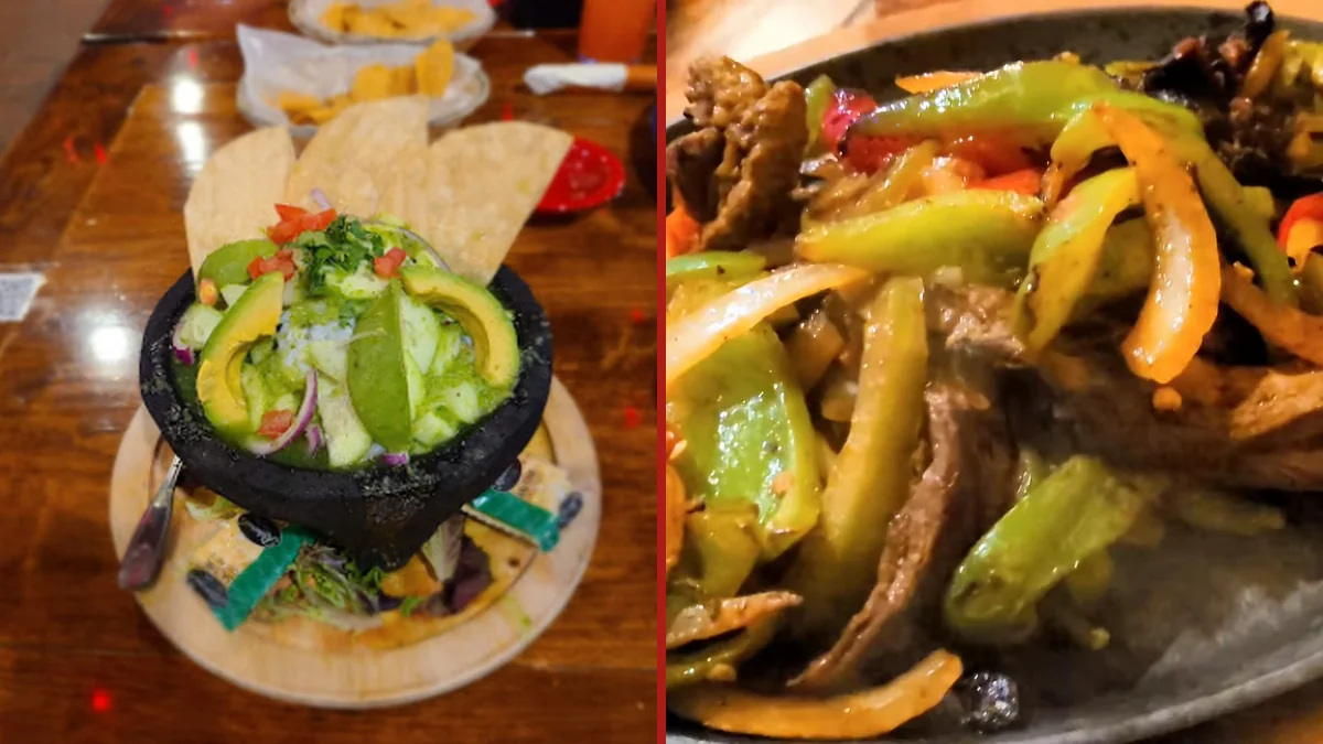 Plates of Mexican dishes beside margaritas and bean dip.