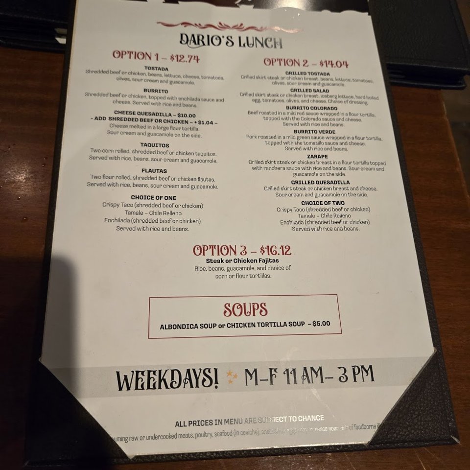 Mexican menu page with tacos, enchiladas, and carnitas.