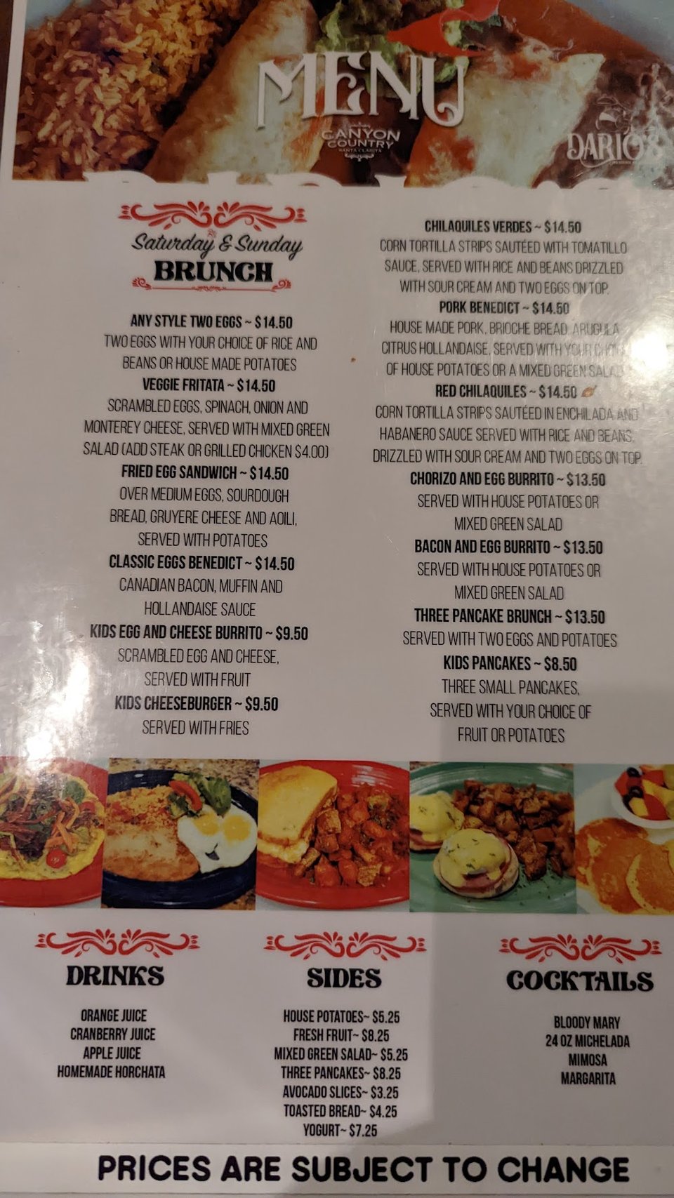 Restaurant menu showing chicken enchiladas and chile relleno.