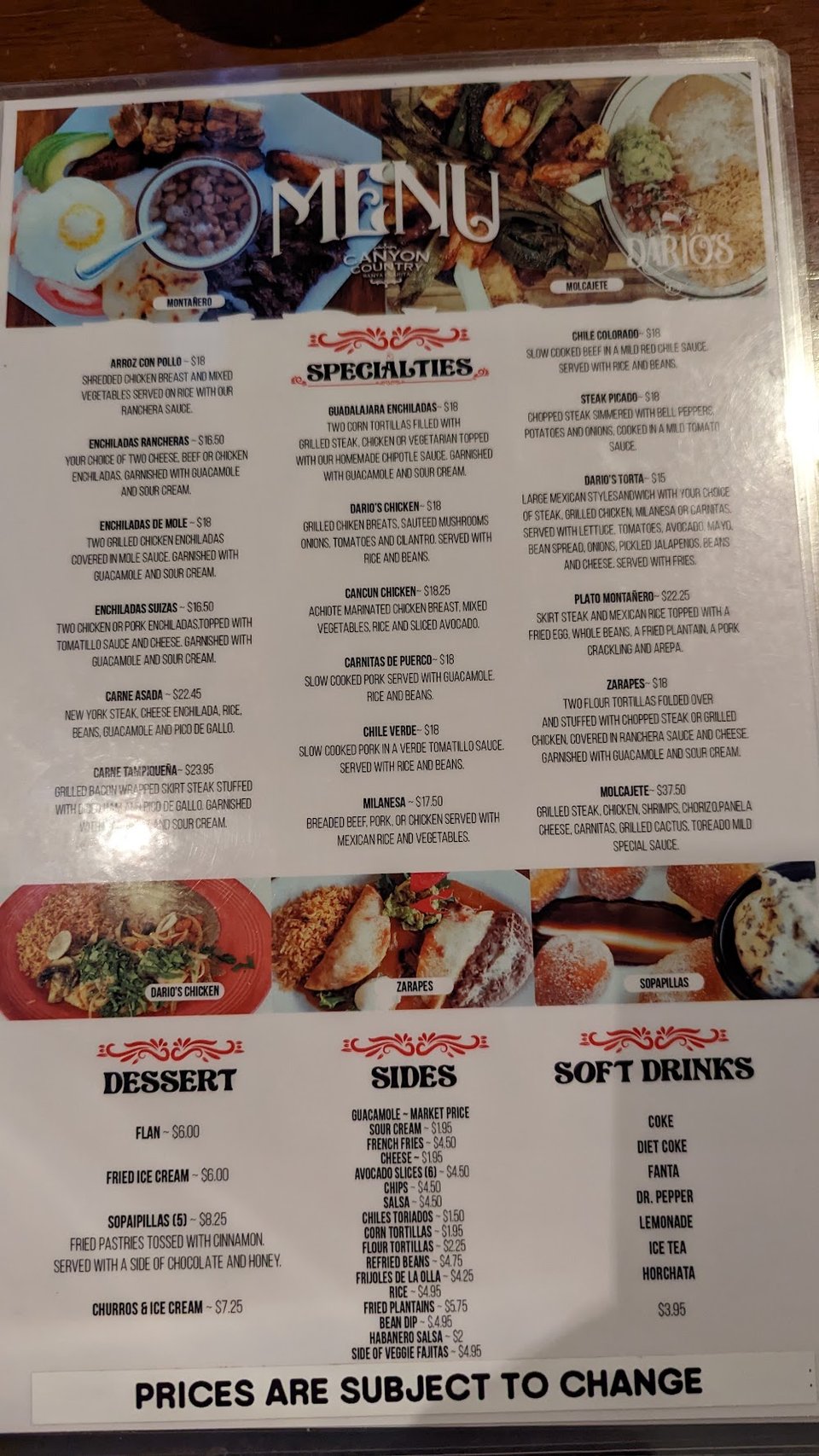 Printed menu for Mexican dishes and bar drinks.